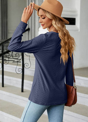 Notched Neck Long Sleeve Buttoned Blouse - MimiStylez