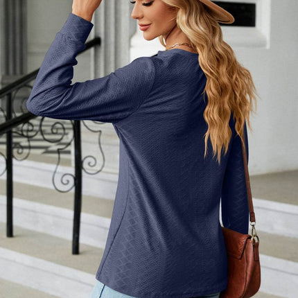 Notched Neck Long Sleeve Buttoned Blouse - MimiStylez