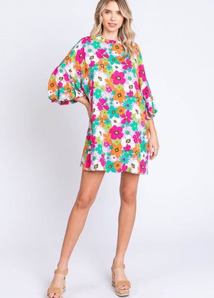 GeeGee Full Size Floral Round Neck Lantern Sleeve Mini Dress - MimiStylez