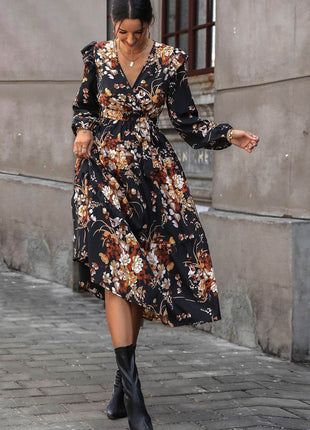 Floral Surplice Tie Front Ruffle Hem Midi Dress - MimiStylez