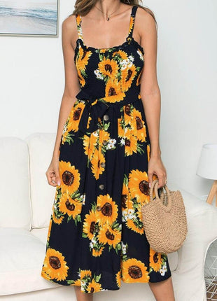 Smocked Sunflower Printed Sleeveless Cami Dress - MimiStylez