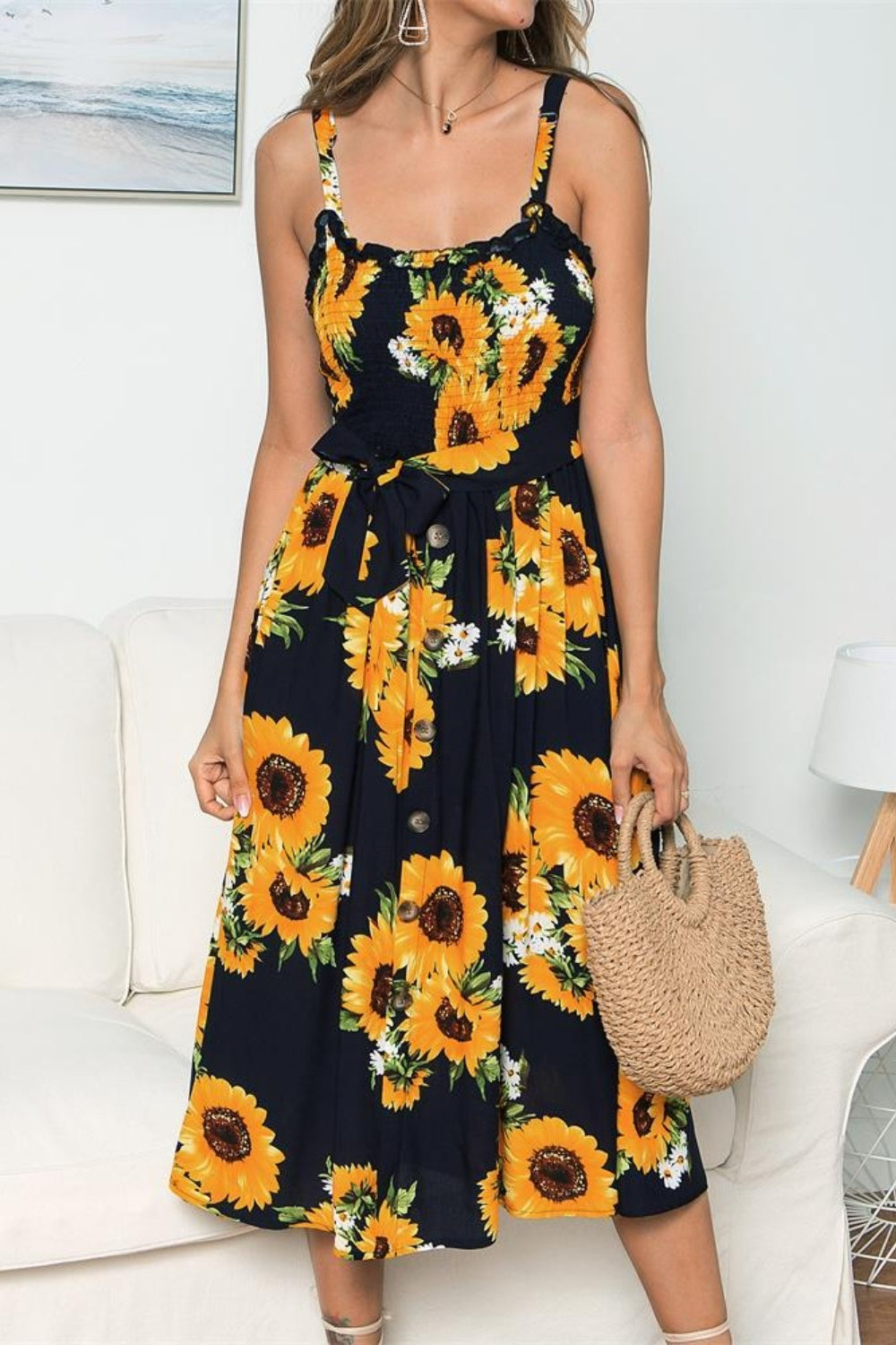 Vestido camisero sin mangas con estampado de girasoles ahumados