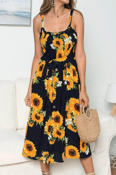 Smocked Sunflower Printed Sleeveless Cami Dress - MimiStylez