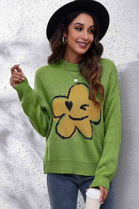 Flower Graphic Drop Shoulder Sweater - MimiStylez