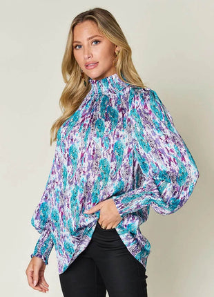 Double Take Full Size Printed Smocked Long Sleeve Blouse - MimiStylez