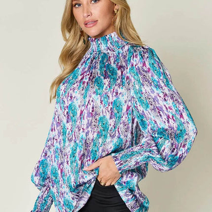 Double Take Full Size Printed Smocked Long Sleeve Blouse - MimiStylez