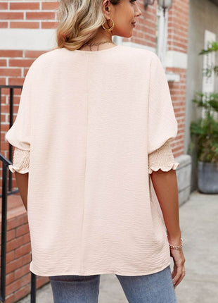 Round Neck Smocked Lantern Sleeve Blouse - MimiStylez