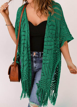 Openwork Open Front Cardigan with Fringes - MimiStylez