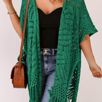 Openwork Open Front Cardigan with Fringes - MimiStylez