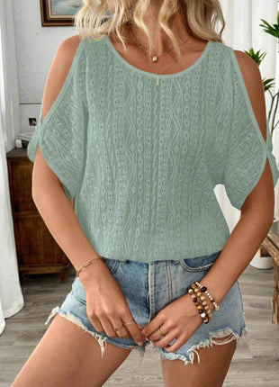 Eyelet Cold Shoulder Round Neck Blouse - MimiStylez