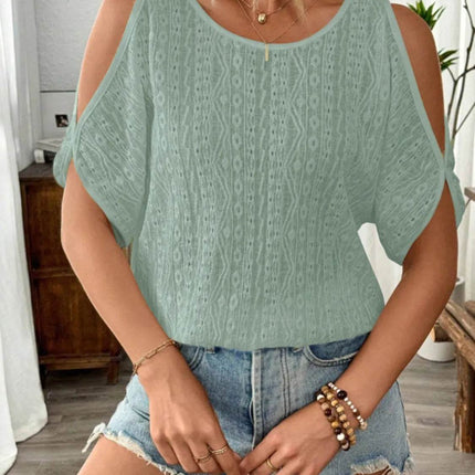 Eyelet Cold Shoulder Round Neck Blouse - MimiStylez