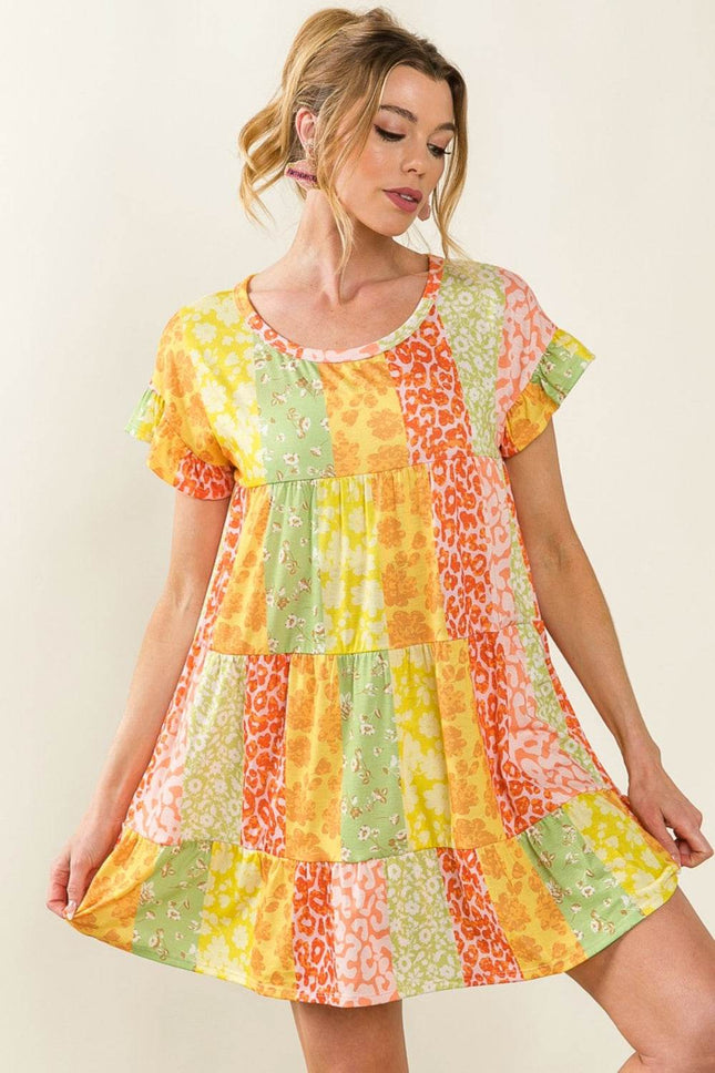BiBi Leopard Short Sleeve Tiered Dress - MimiStylez