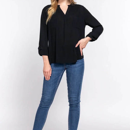 ACTIVE BASIC Full Size Notched Long Sleeve Woven Top - MimiStylez