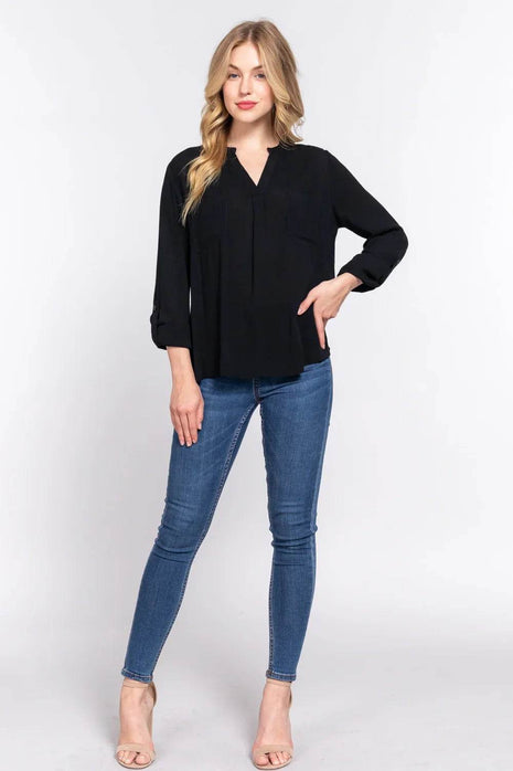ACTIVE BASIC Full Size Notched Long Sleeve Woven Top - MimiStylez
