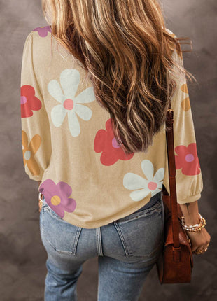 Flower Round Neck Long Sleeve Blouse - MimiStylez