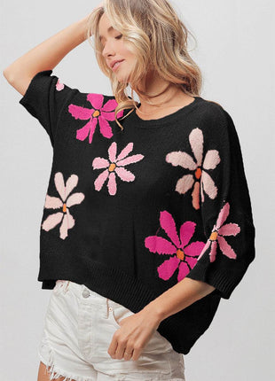 BiBi Floral Pattern Cropped Sweater - MimiStylez
