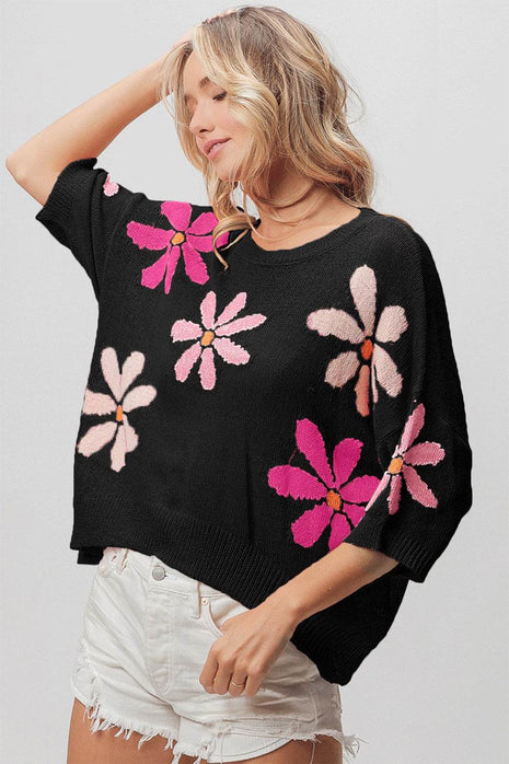BiBi Floral Pattern Cropped Sweater - MimiStylez