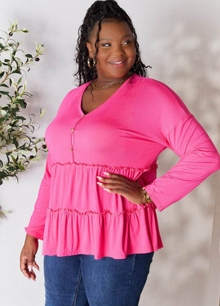 Double Take Half Button Long Sleeve Ruffle Hem Blouse - MimiStylez