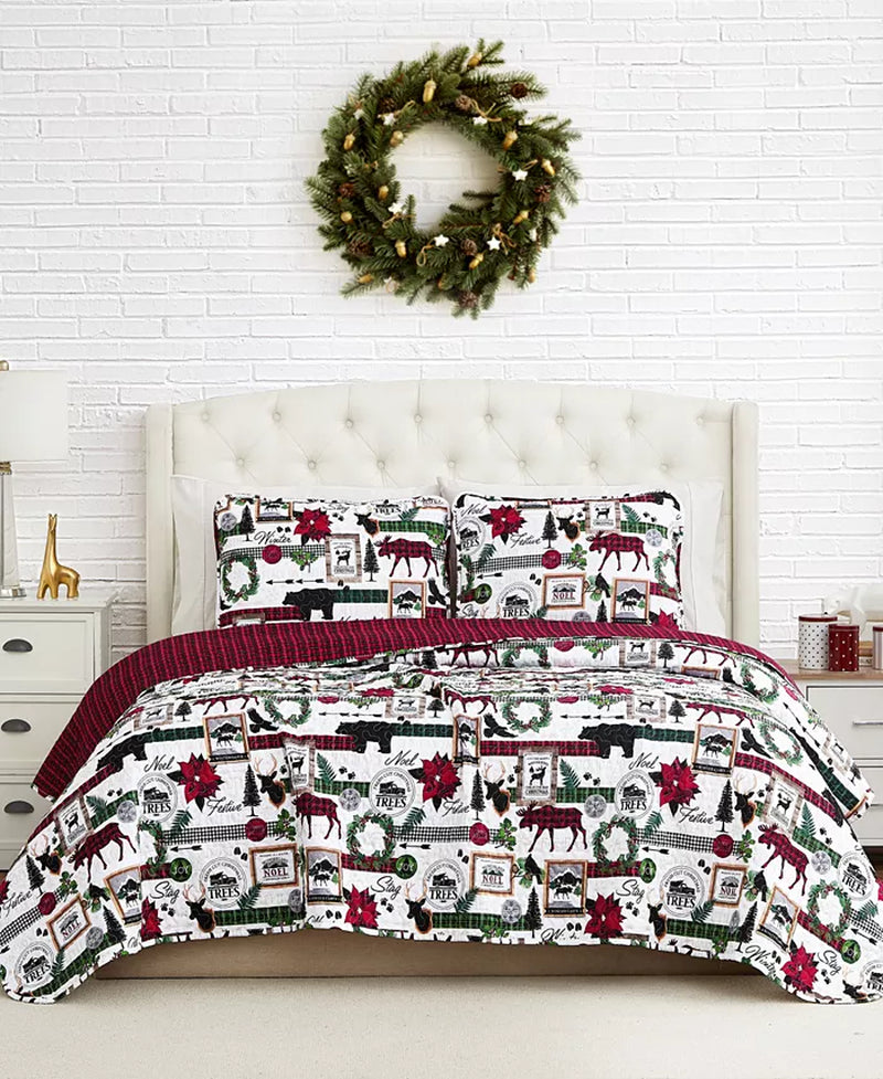 Merry Town Christmas Oversized Reversible 3 Piece Quilt Set, King or California King