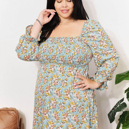 Floral Smocked Flounce Sleeve Square Neck Dress - MimiStylez