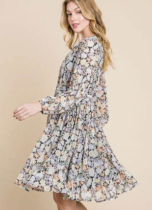 Lime 'N' Chili Chiffon Floral Print Belted Dress with Back Zipper - MimiStylez