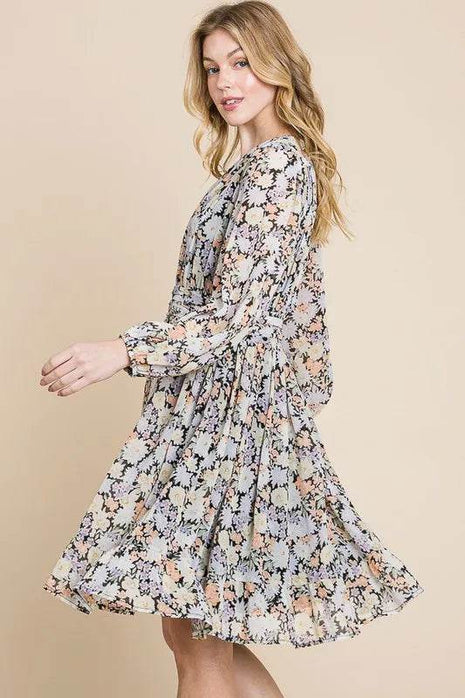 Lime 'N' Chili Chiffon Floral Print Belted Dress with Back Zipper - MimiStylez