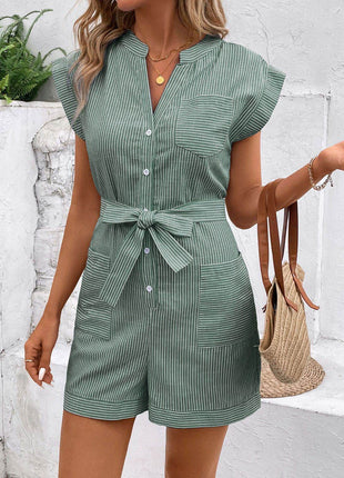 Striped Notched Tie Waist Romper - MimiStylez