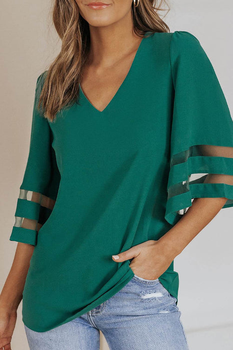 Sheer Striped Flare Sleeve V-Neck Blouse - MimiStylez
