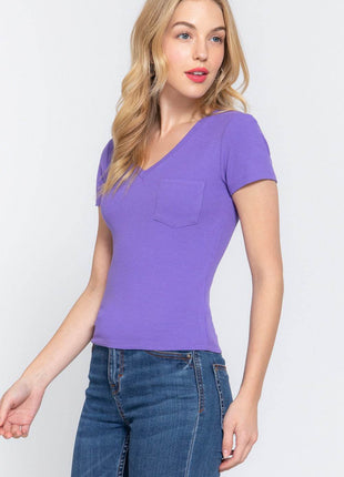 ACTIVE BASIC V-Neck Ribbed Short Sleeve Knit T-Shirt - MimiStylez