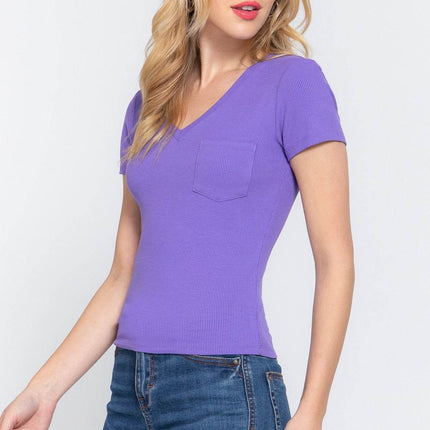 ACTIVE BASIC V-Neck Ribbed Short Sleeve Knit T-Shirt - MimiStylez
