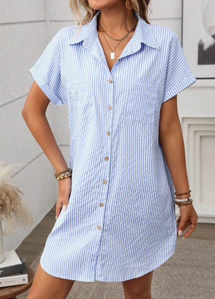 Striped Button Down Short Sleeve Mini Dress - MimiStylez