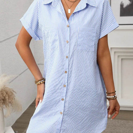 Striped Button Down Short Sleeve Mini Dress - MimiStylez