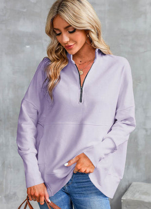 Half Zip Pocketed Dropped Shoulder Sweatshirt - MimiStylez
