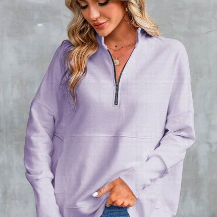 Half Zip Pocketed Dropped Shoulder Sweatshirt - MimiStylez