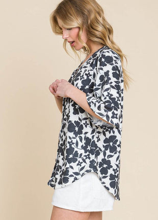 BOMBOM Floral Decorative Button V-Neck Top - MimiStylez