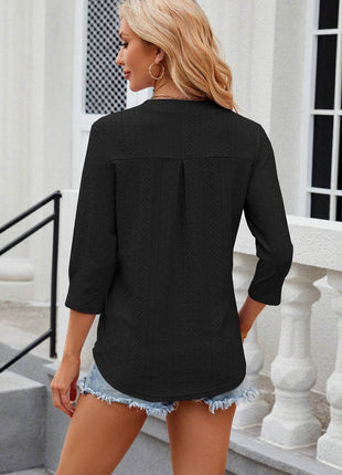 Eyelet Notched Knit Jacquard Top - MimiStylez