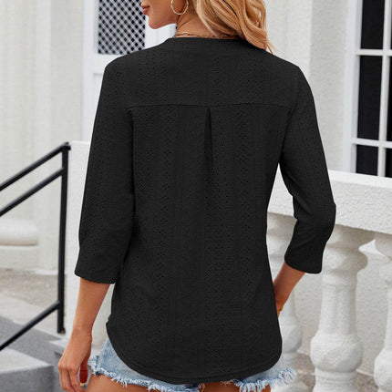 Eyelet Notched Knit Jacquard Top - MimiStylez
