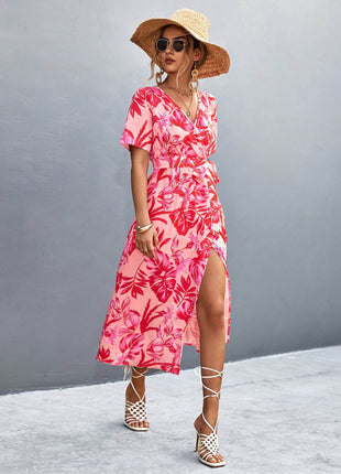 Floral Print High Slit Surplice Neck Tie Waist Midi Dress - MimiStylez