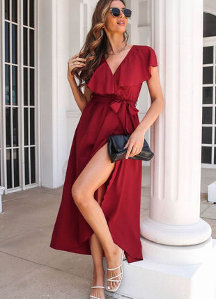 Ruffled Surplice Tie Waist Slit Midi Dress - MimiStylez