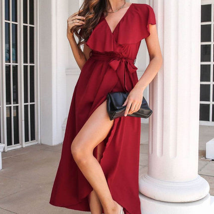 Ruffled Surplice Tie Waist Slit Midi Dress - MimiStylez