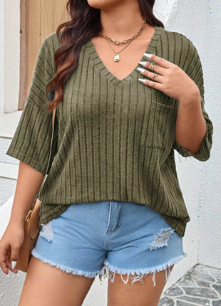 Plus Size V-Neck Ribbed Knit T-Shirt - MimiStylez
