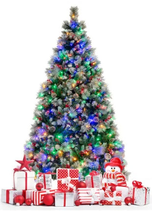 7ft Pre-Lit Christmas Tree - 70 Red Berries  70 Pine Cones, Changeable Lights & Auto-Stretching Branches, Ideal For Home Office Parties
