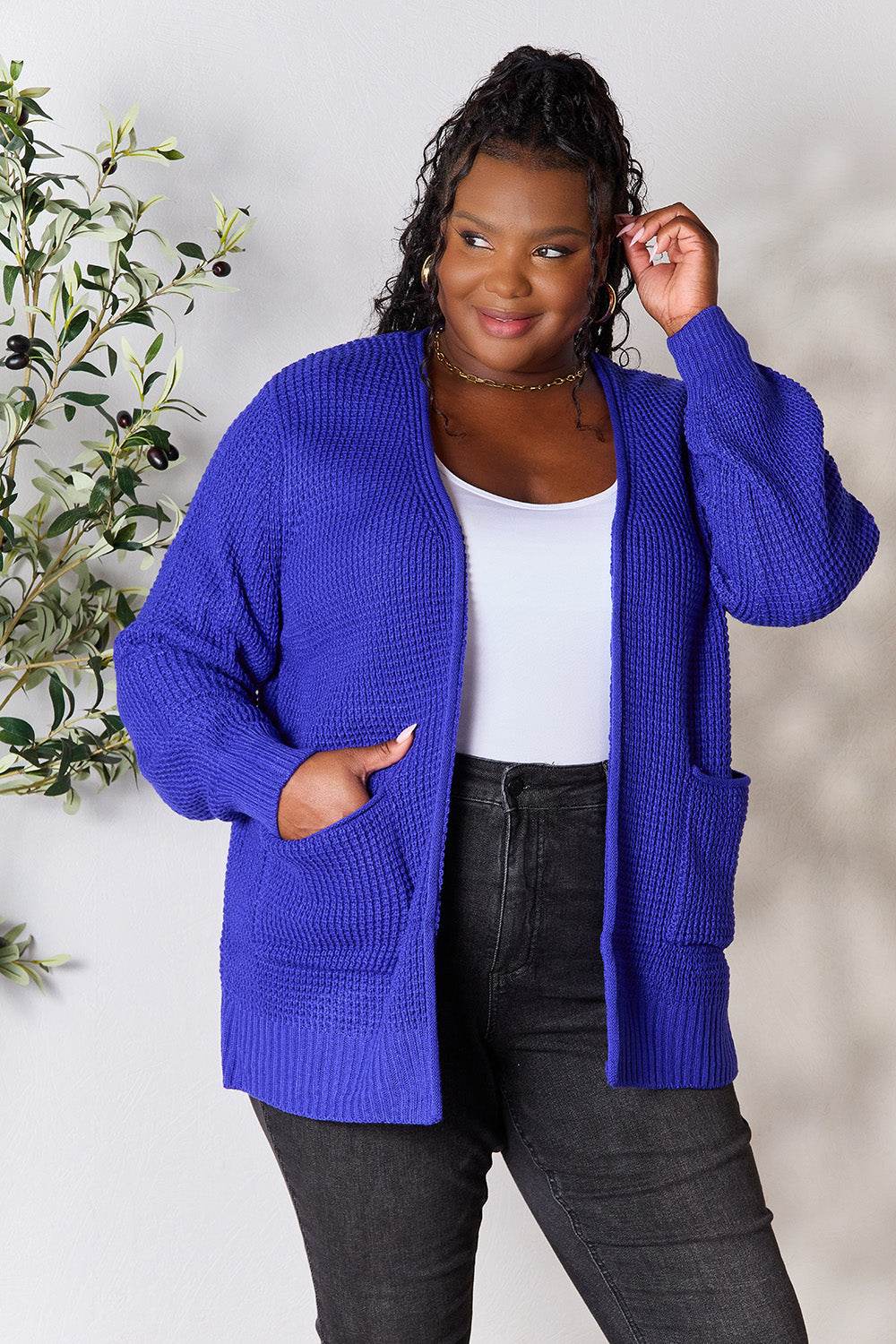 Zenana Full Size Waffle-Knit Open Front Cardigan - MimiStylez