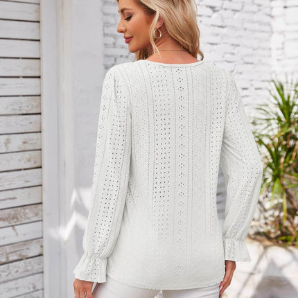 Applique V-Neck Flounce Sleeve T-Shirt - MimiStylez