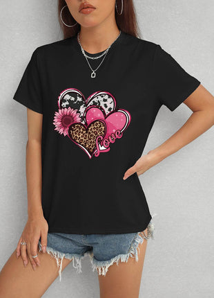 Heart Round Neck Short Sleeve T-Shirt - MimiStylez