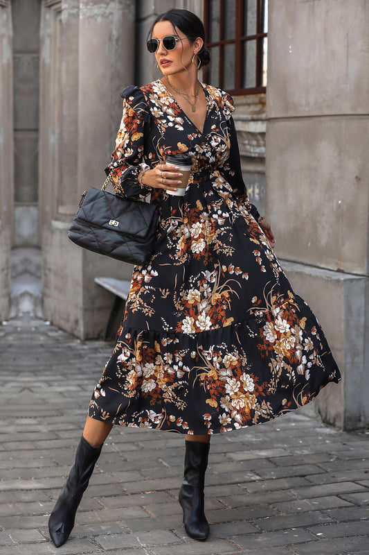 Floral Surplice Tie Front Ruffle Hem Midi Dress