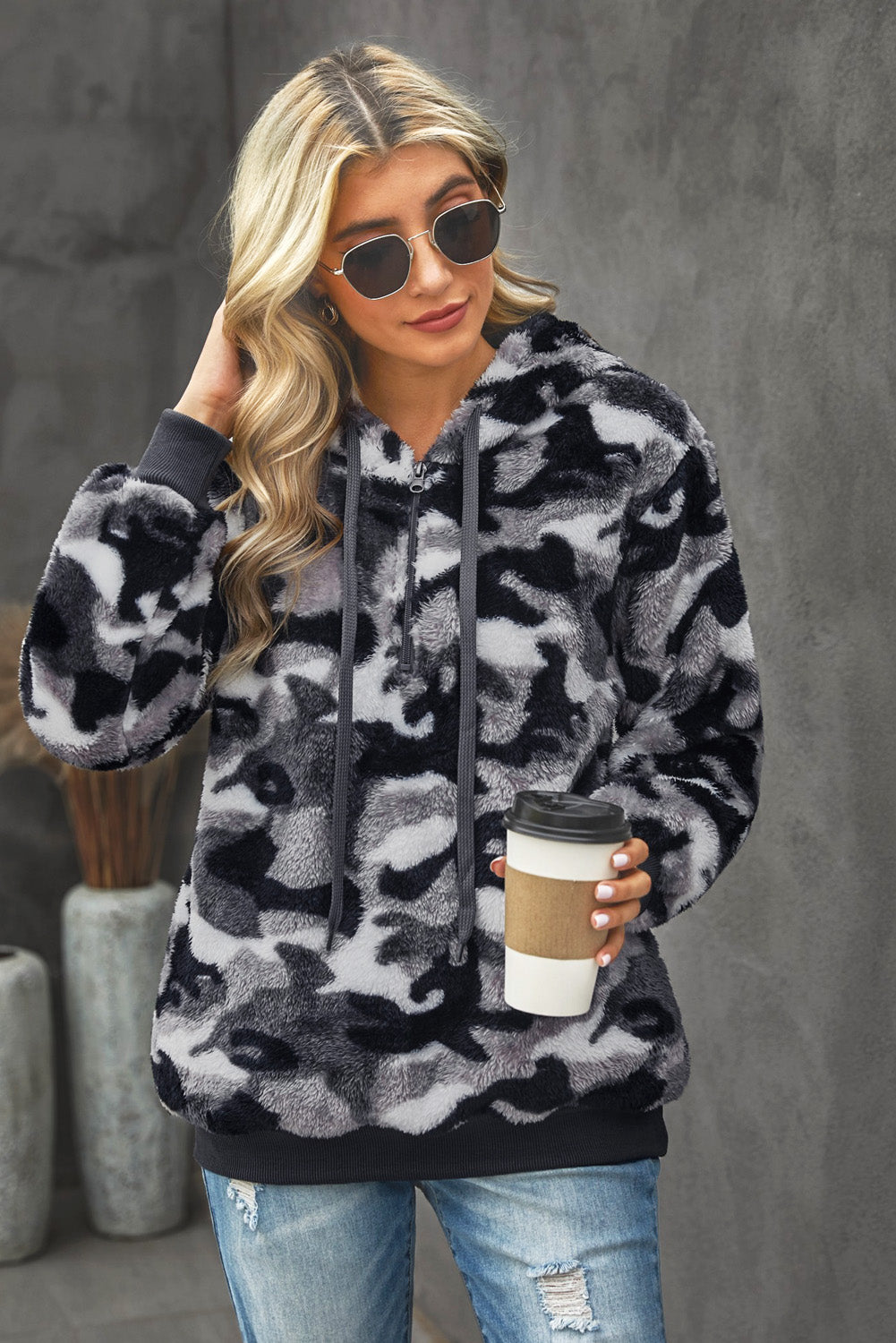 Camouflage Half Zip Fuzzy Hoodie