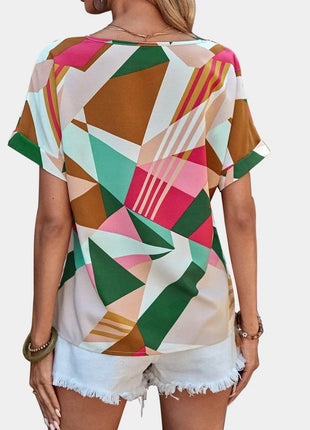Printed V-Neck Short Sleeve Blouse - MimiStylez