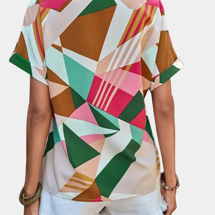 Printed V-Neck Short Sleeve Blouse - MimiStylez