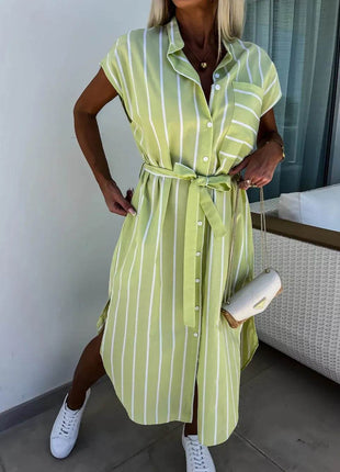 Striped Tie Waist Short Sleeve Dress - MimiStylez